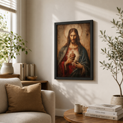 Sacred Heart Of Jesus Christian Wall Art, Antique Divine Light Portrait Poster - Format: Black Framed Poster
