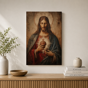 Sacred Heart Of Jesus Christian Wall Art, Antique Divine Light Portrait Poster - Format: Stretched Canvas