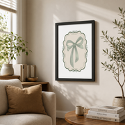 Sage Green Bow Wall Art Preppy Coquette Ribbon Poster Teen Girl Dorm Room Decor - Format: Black Framed Poster