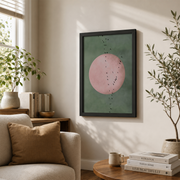 Sage Green Japandi Wall Art Flying Birds Minimalist Landscape Poster Large Living Room Pink Moon Decor - Format: Black Framed Poster