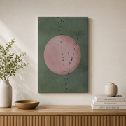 Sage Green Japandi Wall Art Flying Birds Minimalist Landscape Poster Large Living Room Pink Moon Decor - Format: Stretched Canvas