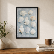 Seashells Wall Art Pastel Blue Coastal Poster Beach House Ocean Hamptons Nautical Bathroom Decor - Format: Black Framed Poster