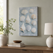 Seashells Wall Art Pastel Blue Coastal Poster Beach House Ocean Hamptons Nautical Bathroom Decor - Format: Stretched Canvas