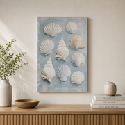 Seashells Wall Art Pastel Blue Coastal Poster Beach House Ocean Hamptons Nautical Bathroom Decor - Format: Stretched Canvas