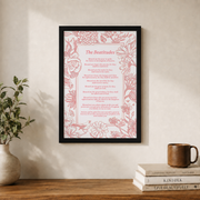 Sermon On The Mount Christian Wall Art, Pink Floral Beatitudes Poster - Format: Black Framed Poster