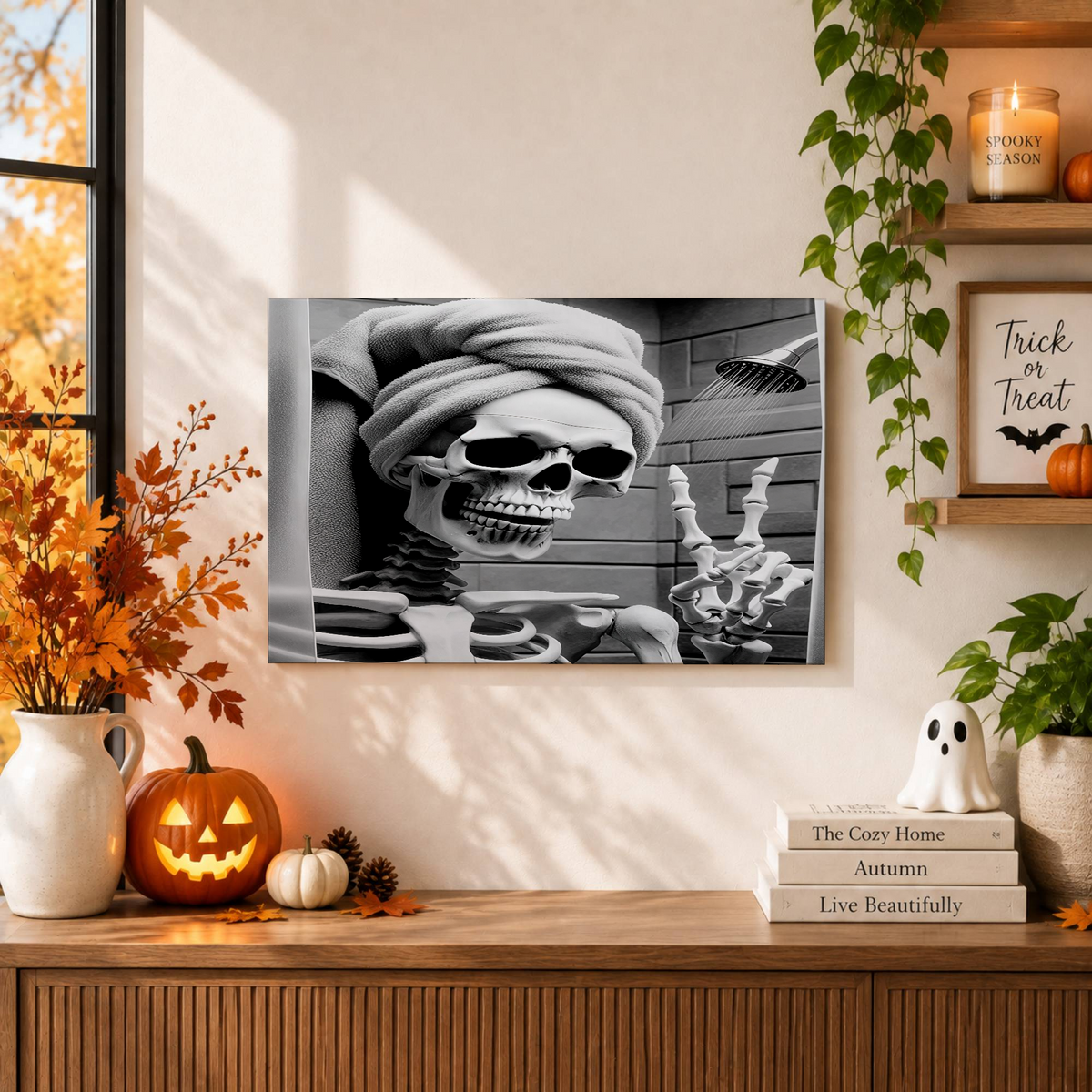 Skeleton Bathroom Wall Art Skeleton Shower Print Halloween Spa Decor Funny Poster - Format: Unframed Paper Poster