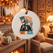 Skeleton Patriotic Ornament with Flag Inspired Design Glass Ornament - Material: Circle Ceramic Ornament