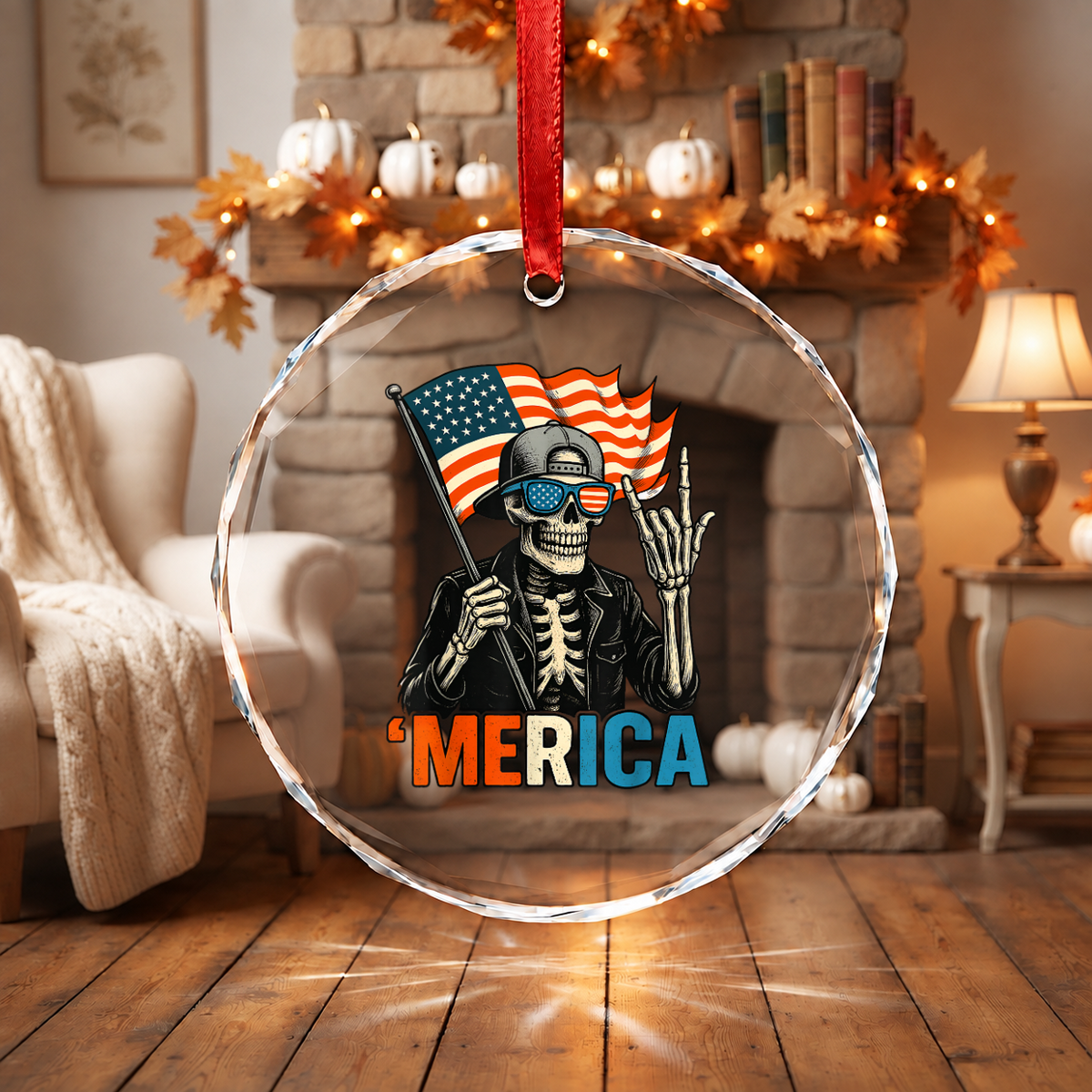 Skeleton Patriotic Ornament with Flag Inspired Design Glass Ornament - Material: Circle Glass Ornament