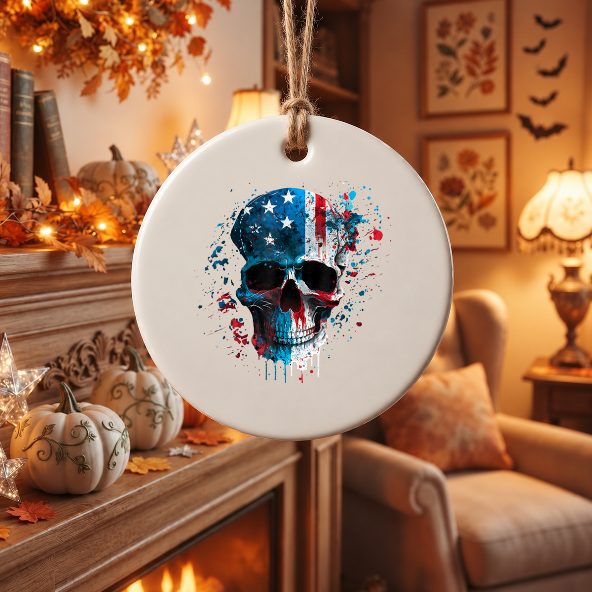 Skull Skeleton Patriotic Ornament with Freedom Theme Design Glass Ornament - Material: Circle Ceramic Ornament