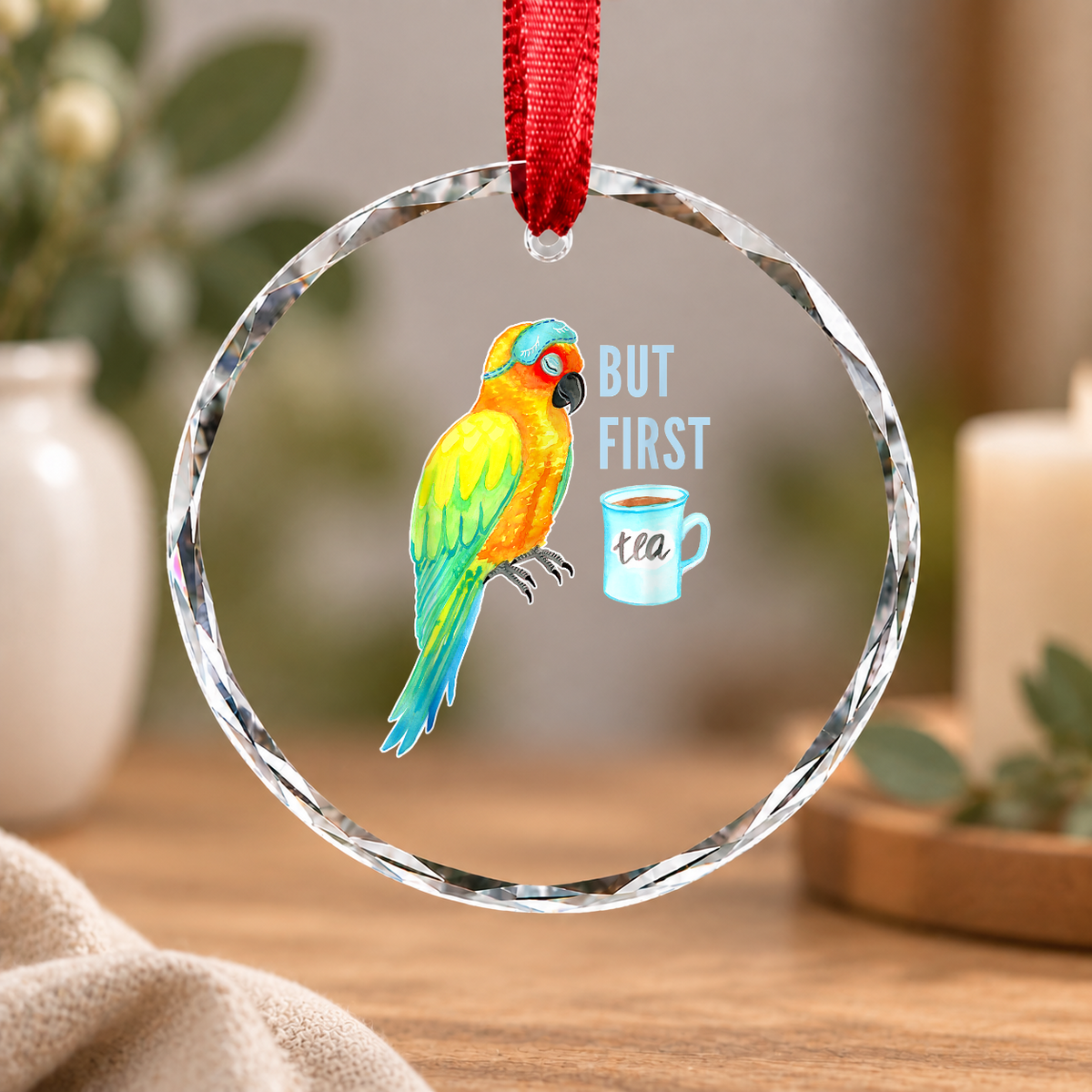 Sleepy Sun Conure Parrot Tea Lover Glass Ornament - Material: Circle Glass Ornament
