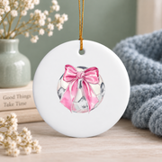 Soccer Ball Pink Coquette Bow Girl Sports Gift Glass Ornament - Material: Circle Ceramic Ornament