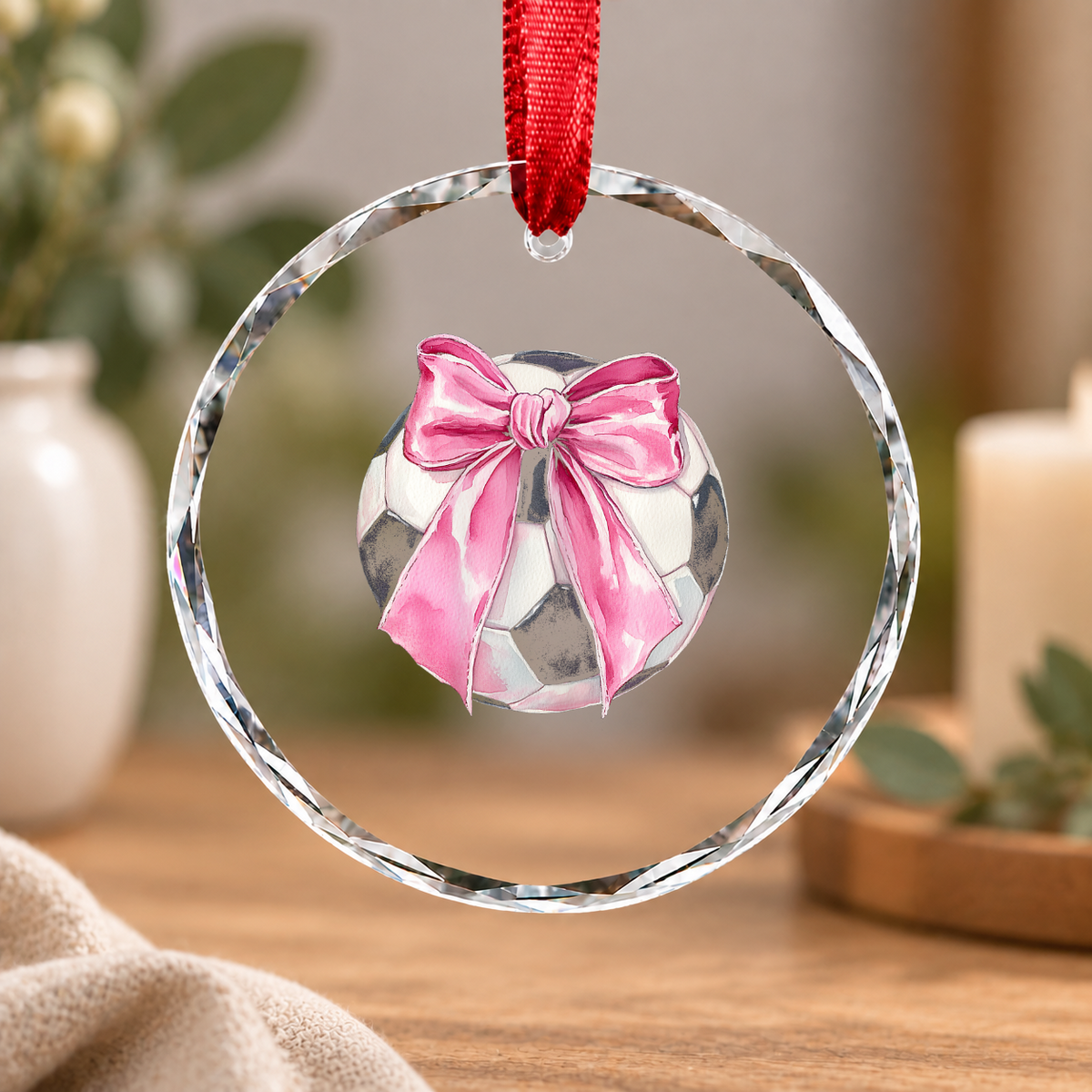 Soccer Ball Pink Coquette Bow Girl Sports Gift Glass Ornament - Material: Circle Glass Ornament