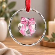 Soccer Ball Pink Coquette Bow Girl Sports Gift Glass Ornament - Material: Circle Glass Ornament