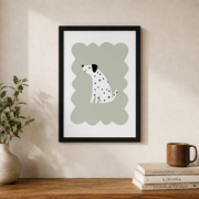 Spotty Dog Wall Art Dalmatian Poster Sage Green Cute Neutral Nursery Decor - Format: Black Framed Poster