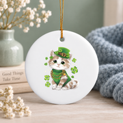 St Patrick's Cat Leprechaun Hat Glass Ornament - Material: Circle Ceramic Ornament