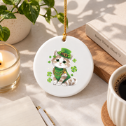 St Patrick's Cat Leprechaun Hat Glass Ornament - Material: Circle Ceramic Ornament