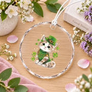 St Patrick's Cat Leprechaun Hat Glass Ornament - Material: Circle Glass Ornament