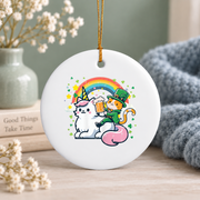 St Patrick's Cat Unicorn Kids Gift Glass Ornament - Material: Circle Ceramic Ornament