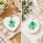 St Patrick's Gamer Cat Leprechaun Glass Ornament - Material: Heart Ceramic Ornament