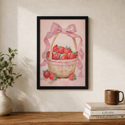 Strawberry Wall Art Pink Bow Coquette Poster Preppy Kitchen Decor Grandmillennial Berry Print UNFRAMED - Format: Black Framed Poster