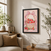 Strawberry Wall Art Pink Bow Coquette Poster Preppy Kitchen Decor Grandmillennial Berry Print UNFRAMED - Format: Black Framed Poster