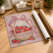 Strawberry Wall Art Pink Bow Coquette Poster Preppy Kitchen Decor Grandmillennial Berry Print UNFRAMED - Format: Rolled Canvas