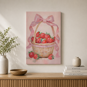 Strawberry Wall Art Pink Bow Coquette Poster Preppy Kitchen Decor Grandmillennial Berry Print UNFRAMED - Format: Stretched Canvas