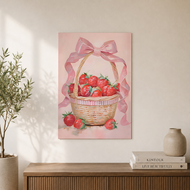 Strawberry Wall Art Pink Bow Coquette Poster Preppy Kitchen Decor Grandmillennial Berry Print UNFRAMED - Format: Unframed Paper Poster
