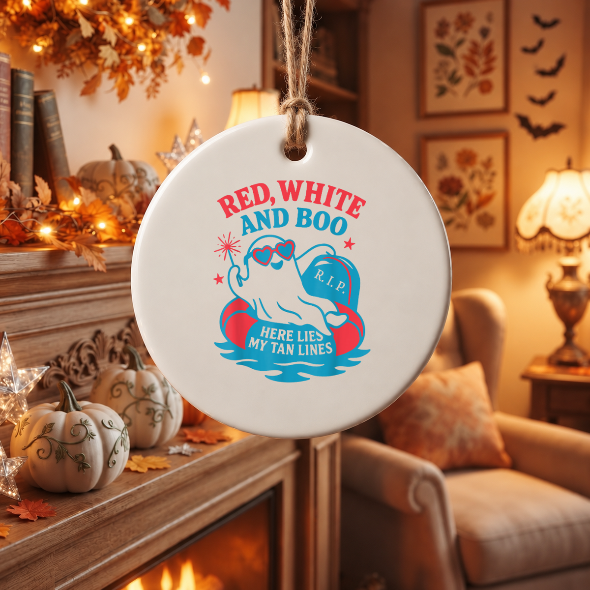 Summerween Red White Boo Ghost Ornament for Halloween Decor Glass Ornament - Material: Circle Ceramic Ornament