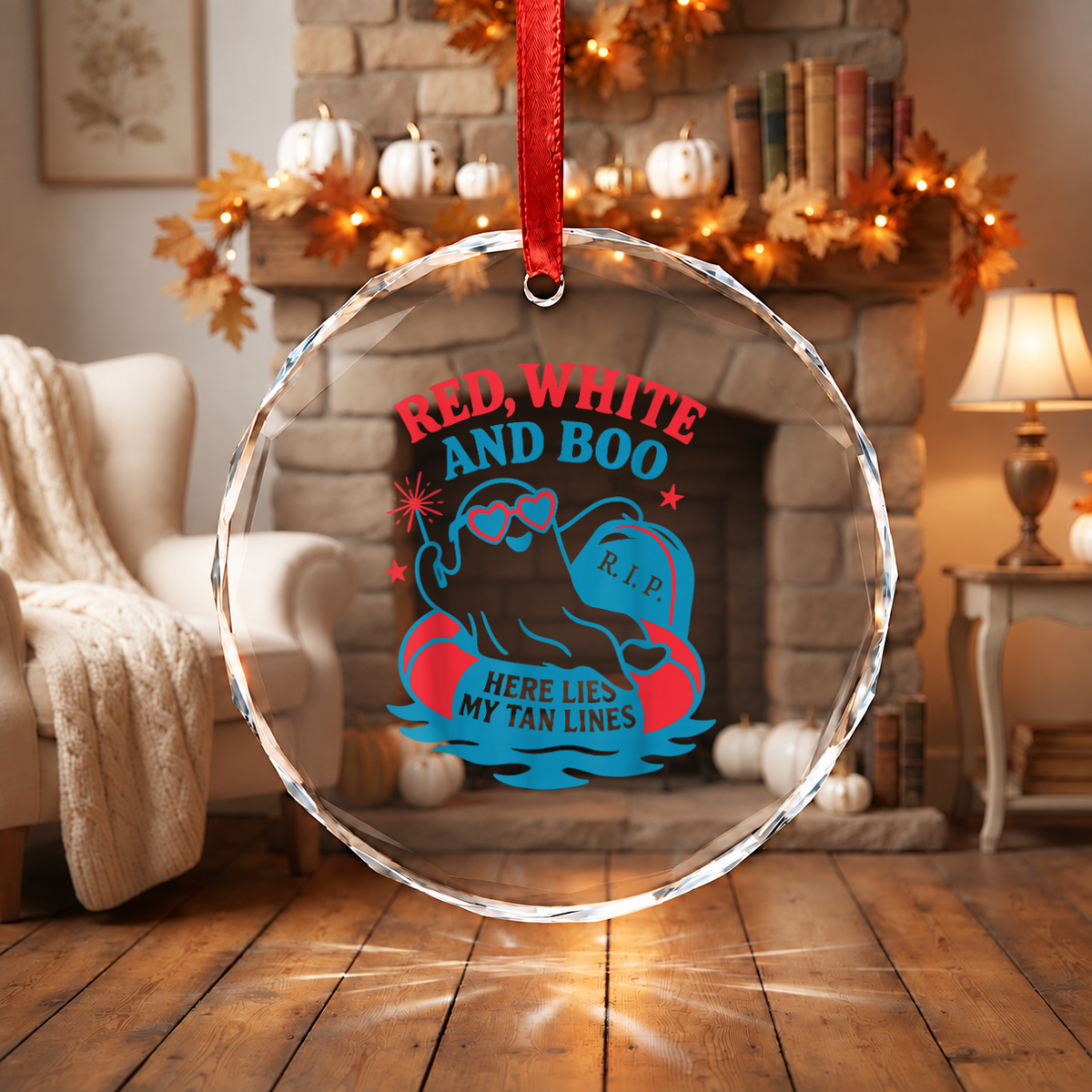 Summerween Red White Boo Ghost Ornament for Halloween Decor Glass Ornament - Material: Circle Glass Ornament