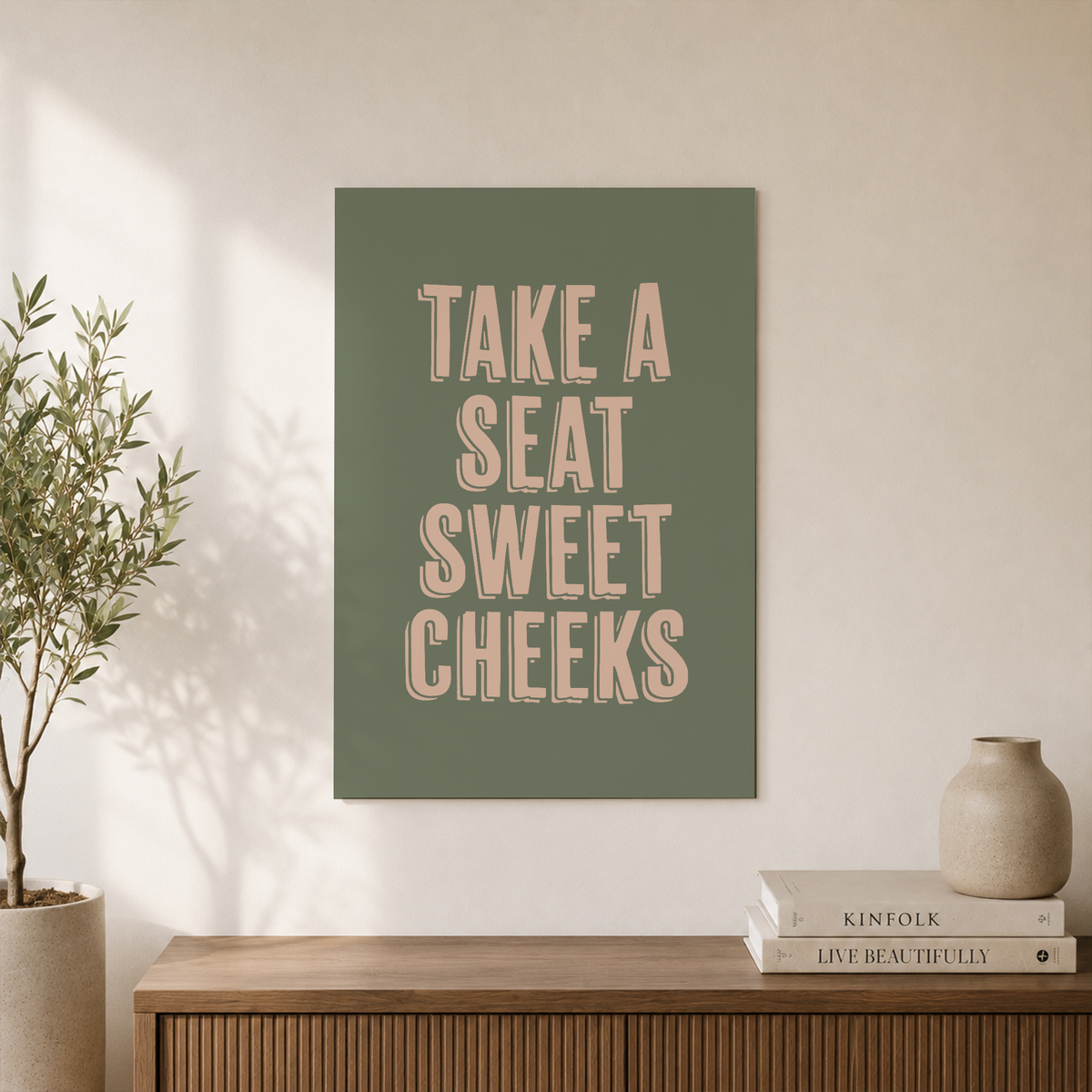 Take A Seat Sweet Cheeks Bathroom Wall Art Sage Green Poster Funny Typography Quirky Restroom Decor - Format: Unframed Paper Poster