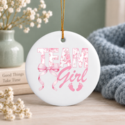 Team Girl Coquette Bow Gender Reveal Party Gift Glass Ornament - Material: Circle Ceramic Ornament