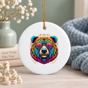 Tie Dye Bear Peace Sign Boho Glass Ornament - Material: Circle Ceramic Ornament