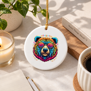 Tie Dye Bear Peace Sign Boho Glass Ornament - Material: Circle Ceramic Ornament