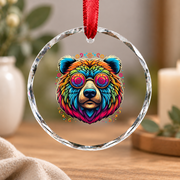 Tie Dye Bear Peace Sign Boho Glass Ornament - Material: Circle Glass Ornament