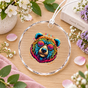 Tie Dye Bear Peace Sign Boho Glass Ornament - Material: Circle Glass Ornament