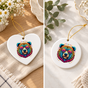 Tie Dye Bear Peace Sign Boho Glass Ornament - Material: Heart Ceramic Ornament