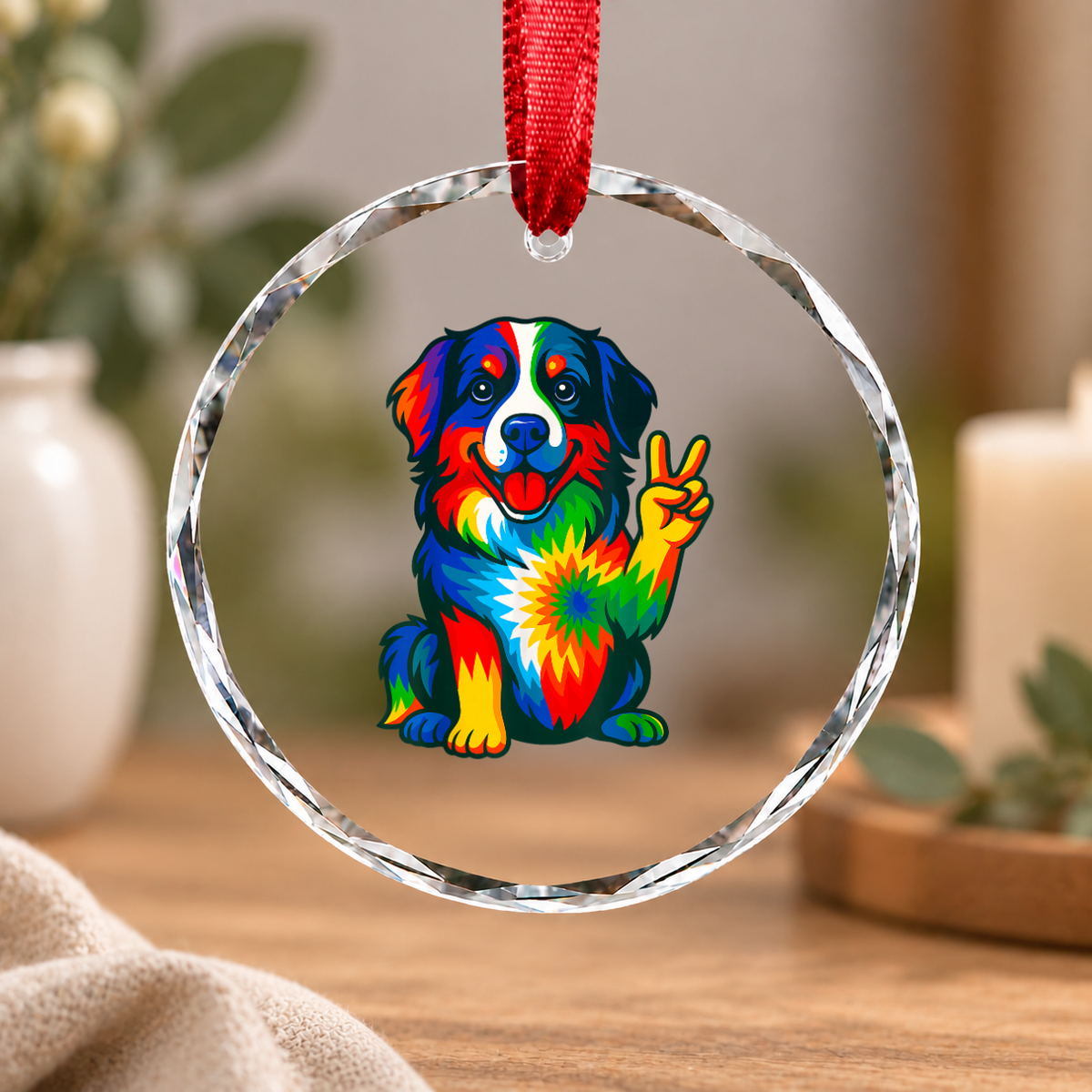 Tie Dye Bernese Mountain Dog Hippie Glass Ornament - Material: Circle Glass Ornament