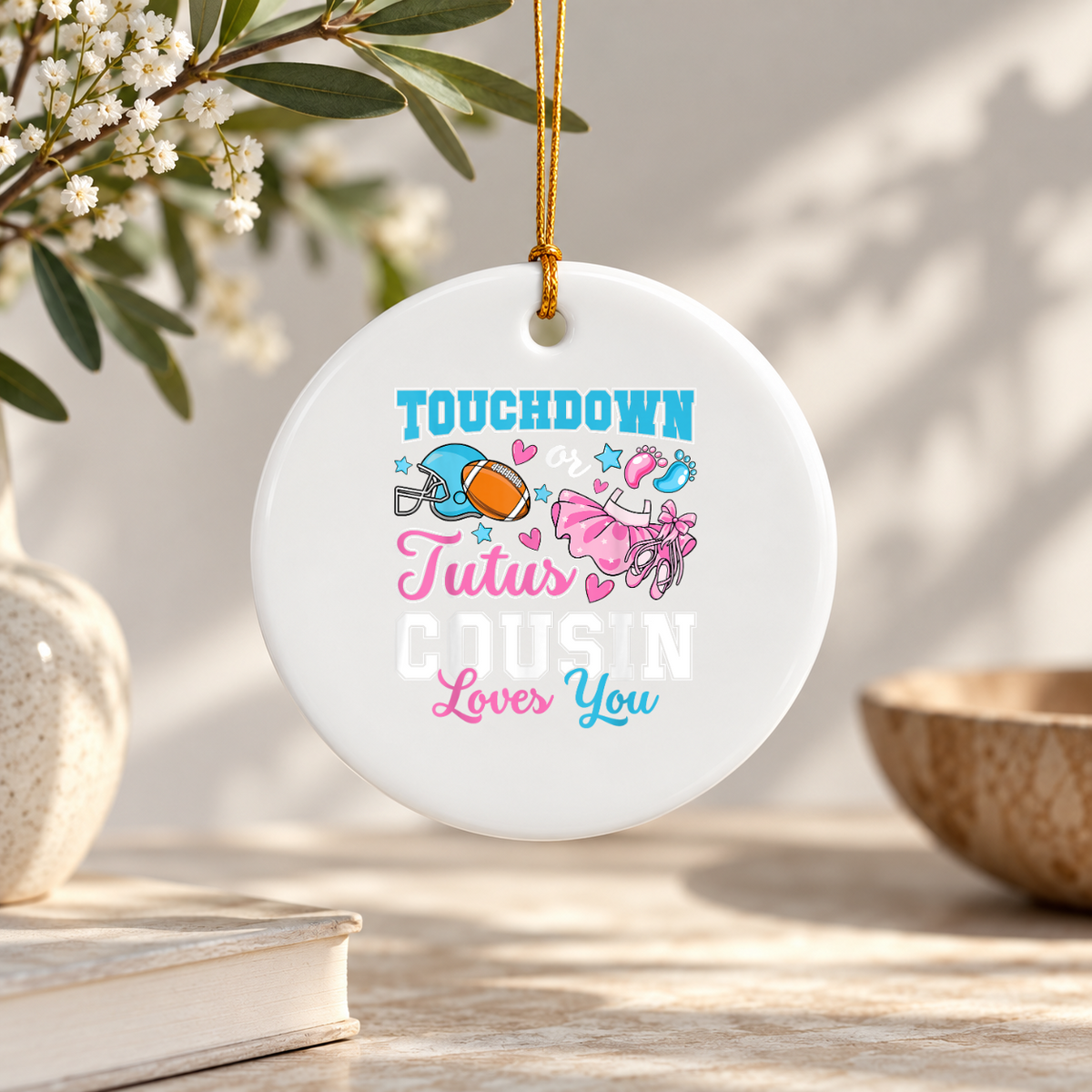 Touchdown Or Tutus Gender Reveal Baby Ceramic Ornament - Material: Circle Ceramic Ornament
