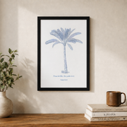 Trendy Christian Coastal Poster Blue and White Bible Verse Print Jesus Vintage Palm Tree Wall Art - Format: Black Framed Poster