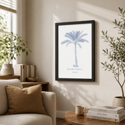 Trendy Christian Coastal Poster Blue and White Bible Verse Print Jesus Vintage Palm Tree Wall Art - Format: Black Framed Poster
