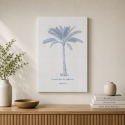 Trendy Christian Coastal Poster Blue and White Bible Verse Print Jesus Vintage Palm Tree Wall Art - Format: Stretched Canvas