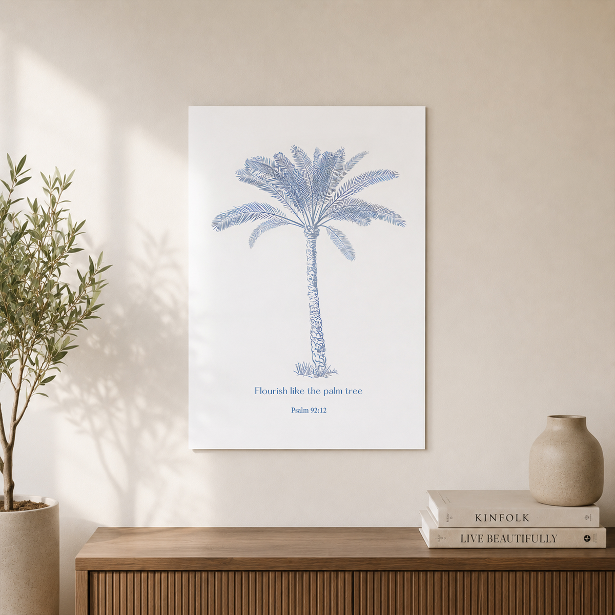 Trendy Christian Coastal Poster Blue and White Bible Verse Print Jesus Vintage Palm Tree Wall Art - Format: Unframed Paper Poster
