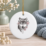 Tribal Wolf Feather Boho Nature Glass Ornament - Material: Circle Ceramic Ornament