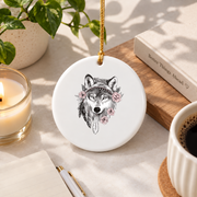 Tribal Wolf Feather Boho Nature Glass Ornament - Material: Circle Ceramic Ornament