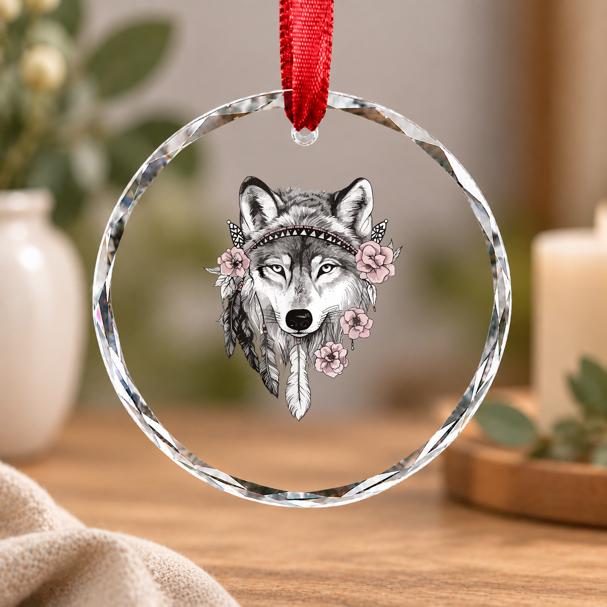 Tribal Wolf Feather Boho Nature Glass Ornament - Material: Circle Glass Ornament