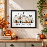 Trick Or Treat Halloween Puppy Ghost Print Cute Fall Wall Art Home Decor Poster - Format: Black Framed Poster
