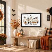 Trick Or Treat Halloween Puppy Ghost Print Cute Fall Wall Art Home Decor Poster - Format: Black Framed Poster