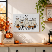 Trick Or Treat Halloween Puppy Ghost Print Cute Fall Wall Art Home Decor Poster - Format: Stretched Canvas