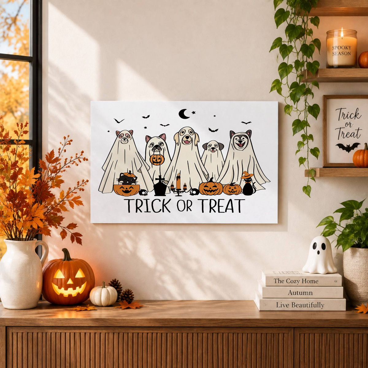 Trick Or Treat Halloween Puppy Ghost Print Cute Fall Wall Art Home Decor Poster - Format: Unframed Paper Poster